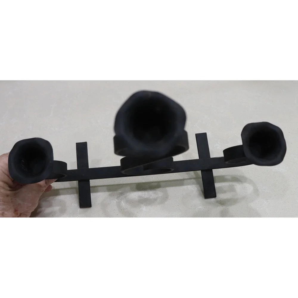 Wrought Iron Candelabra with 3 Red Hobnail Glass Votive Taper Holders Black